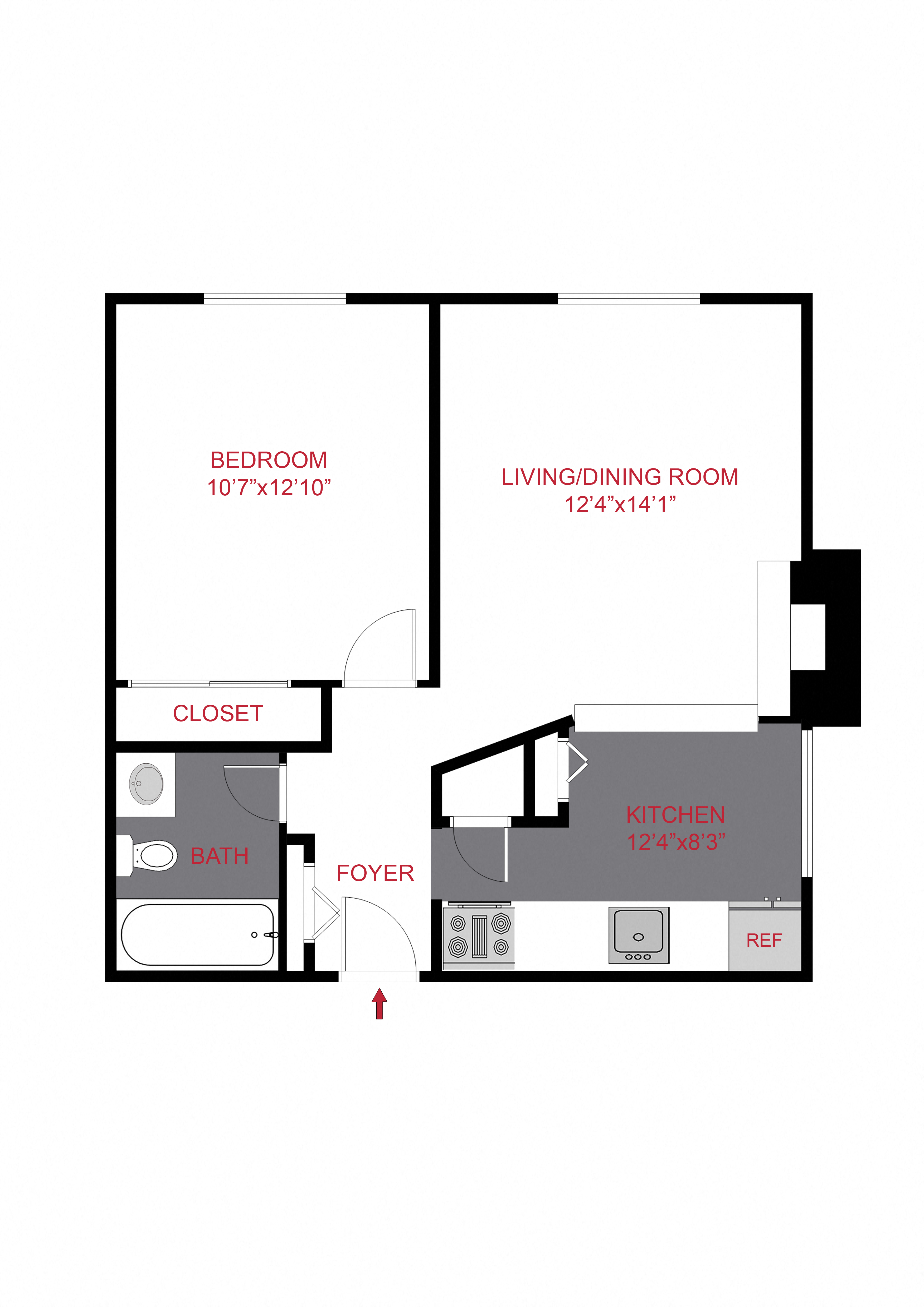Floor plan for 1 bed, 1 bath, 487 sqft